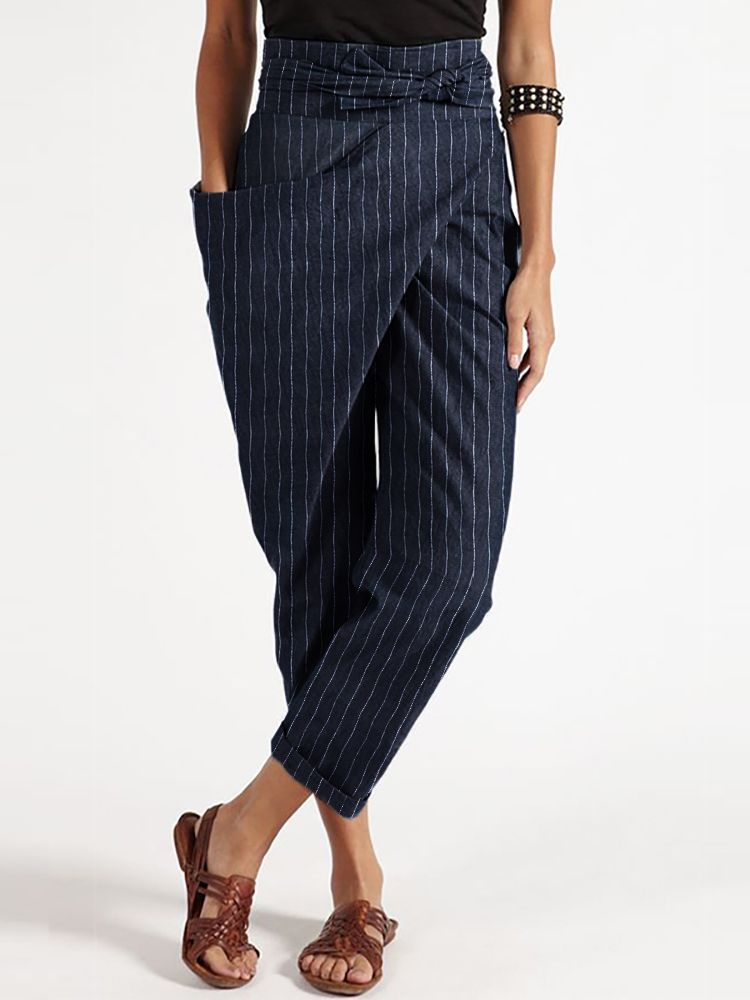 Stripe Irregular Wrap Pocket Casual Haremsbyxor Med Bälte