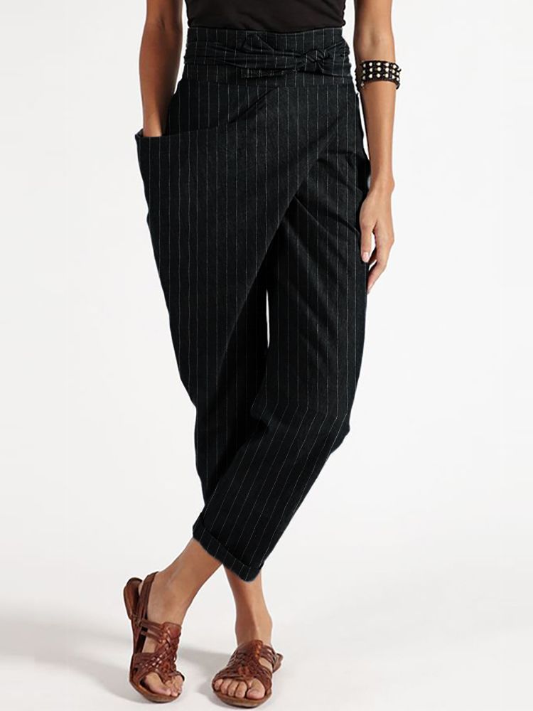 Stripe Irregular Wrap Pocket Casual Haremsbyxor Med Bälte