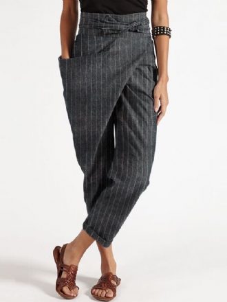 Stripe Irregular Wrap Pocket Casual Haremsbyxor Med Bälte